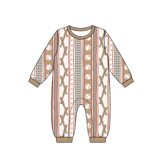 Preorder (moq 5) Baby Boy Clothes Baseball Bat Plaid Stripe Print Long Sleeve Jumpsuit