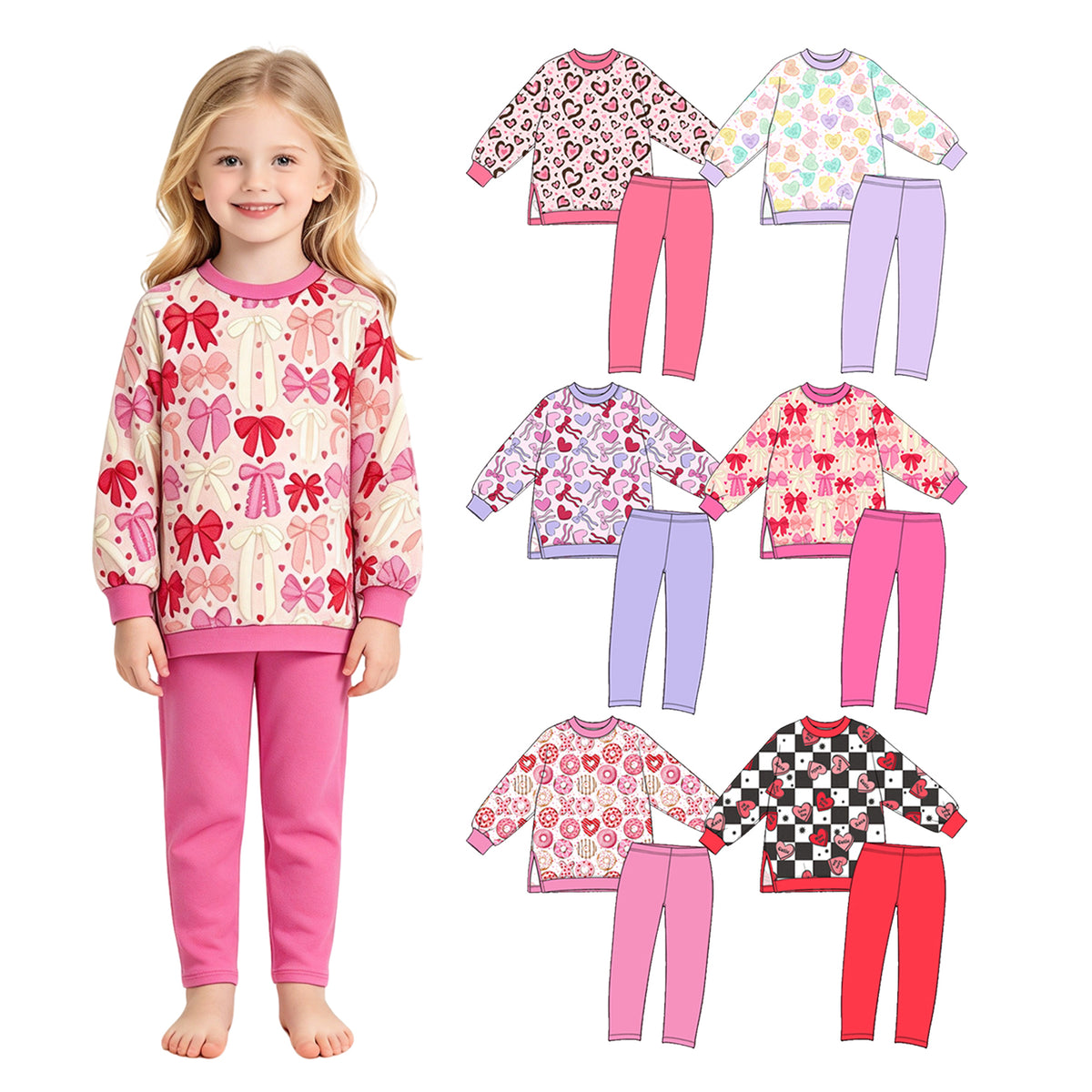 Preorder (moq 5) Baby Girl Clothes Multi Color Bow Allover Print Long Sleeve Top Solid Pink Legging Pant Set