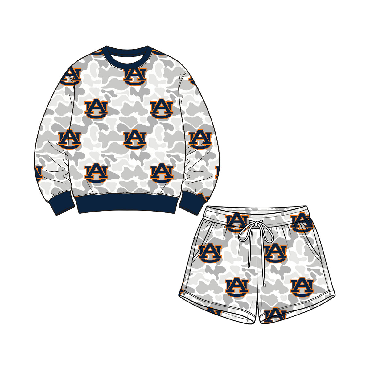 Preorder (moq 5) Auburn Baby Clothes Grey Camo Logo Mixed Print Long Sleeve Sweatshirt Shorts Outfit Set
