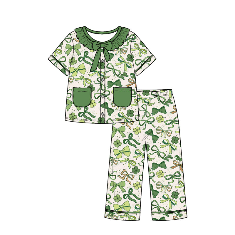 Preorder (moq 5) Girls St Patrick Pajamas Green Bow Floral Print Ruffle Collar Bow Short Sleeve Top Long Pants Set