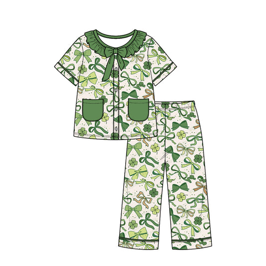 Preorder (moq 5) Girls St Patrick Pajamas Green Bow Floral Print Ruffle Collar Bow Short Sleeve Top Long Pants Set