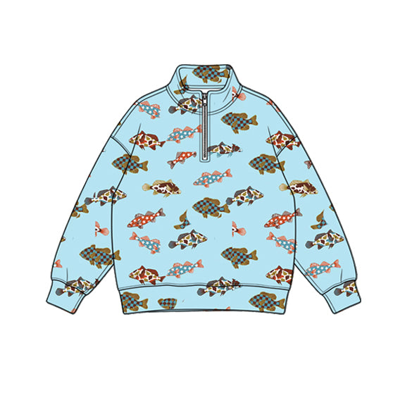 Preorder (moq 5) Baby Boy Clothes Plaid Fishing Fish Pattern Print Long Sleeve Quarter Zip Top