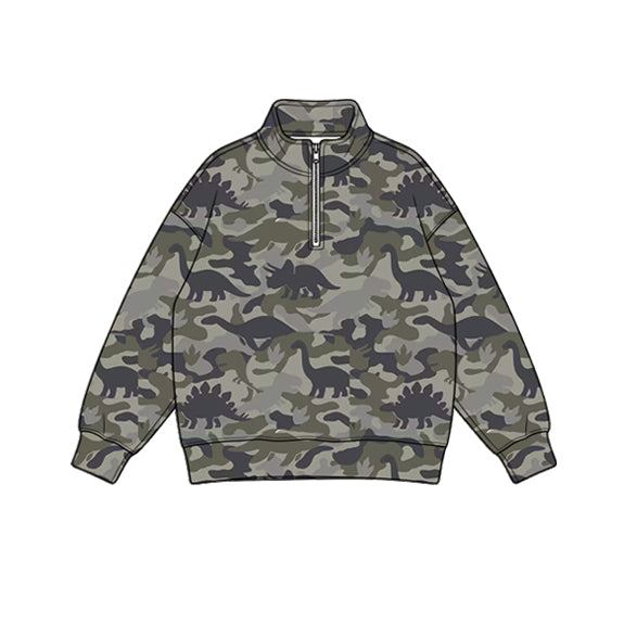 Preorder (moq 5) Baby Boy Clothes Camo Dinosaur Silhouette Print Long Sleeve Quarter Zip Top