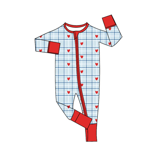 Preorder (moq 5) Baby Boy Clothes Valentine Blue Plaid Red Heart Print Long Sleeve Zipper Romper