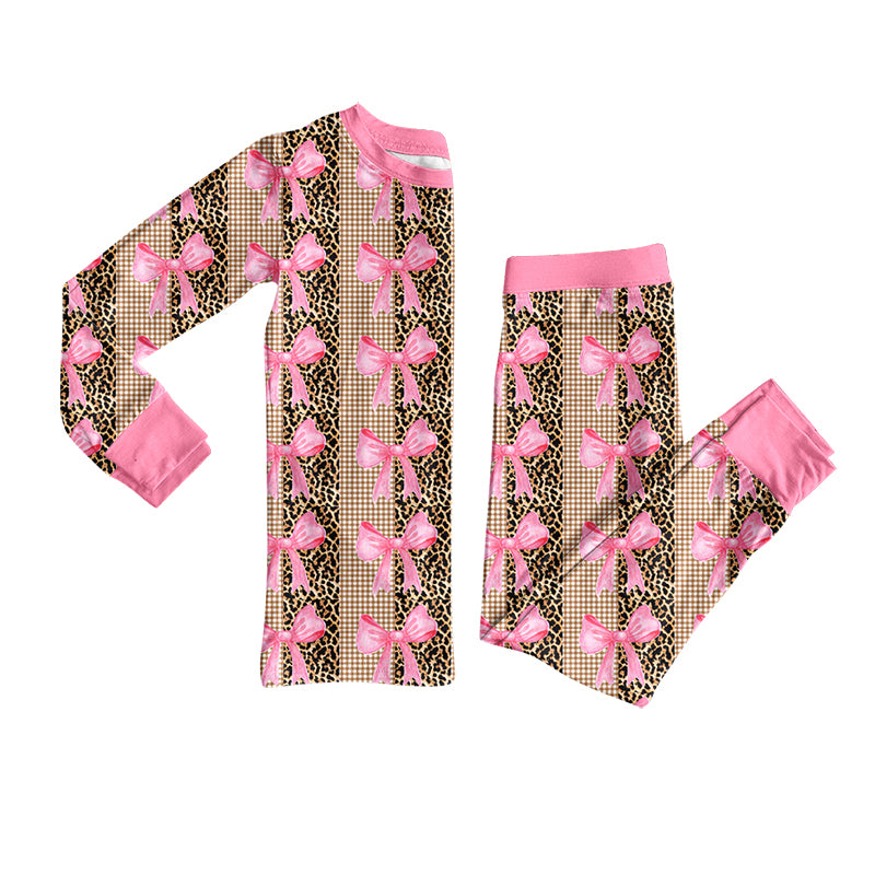 Preorder (moq 5) Baby Girl Clothes Leopard Gingham Pink Bow Mixed Print Long Sleeve Pajama Set