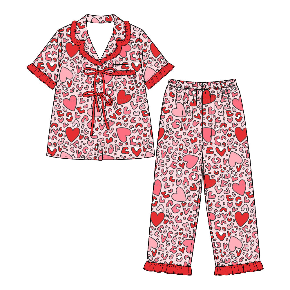 Preorder (moq 5) Baby Girl Clothes Valentine Leopard Big Heart Print Short Sleeve Ruffle Pajama Set