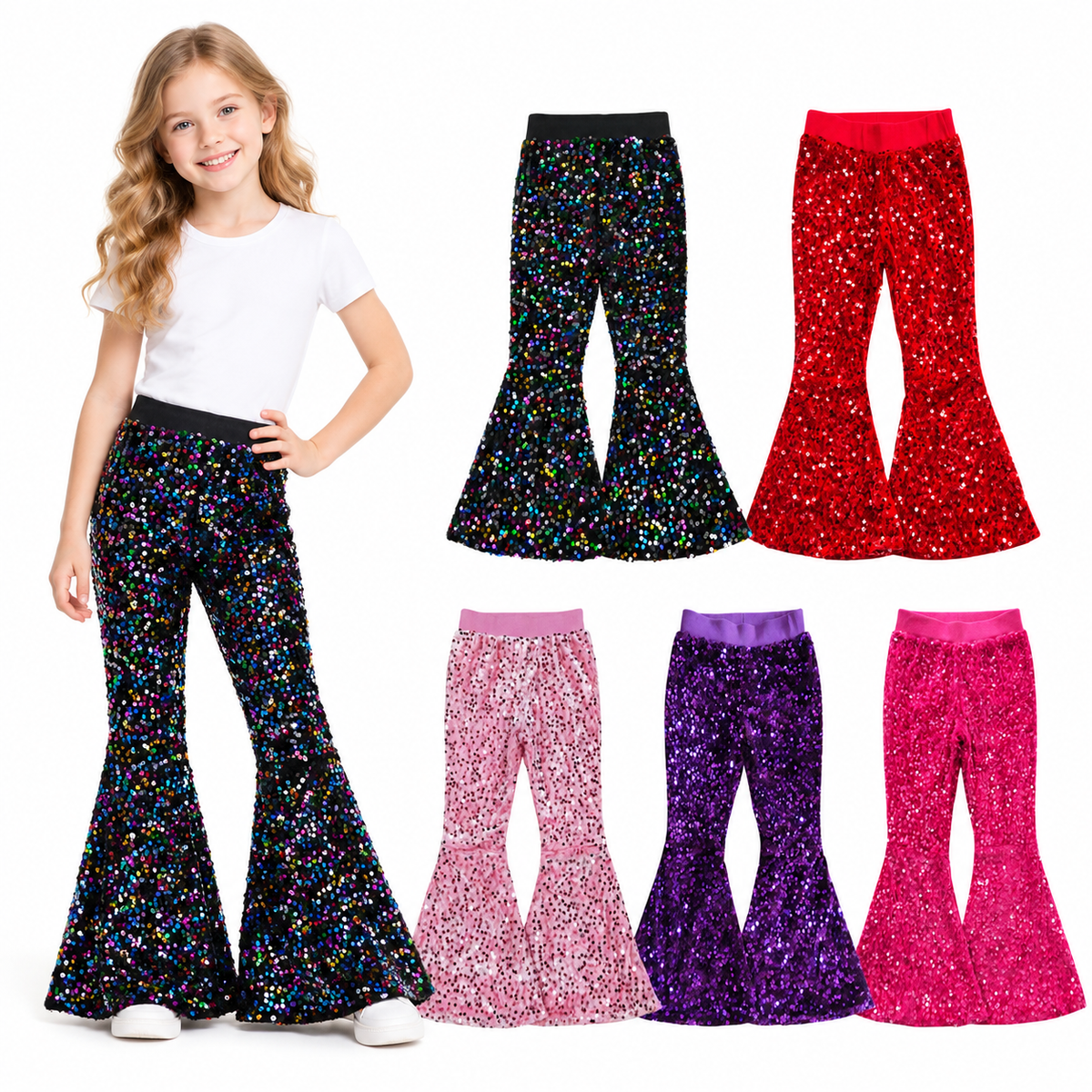 NO MOQ RTS P0329 Girl Clothes Rainbow Multi Color Sequin Print Elastic Waist Flare Bell Bottom Pants 202610