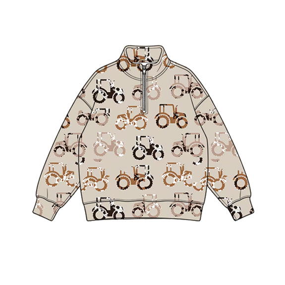 Preorder (moq 5) Baby Boy Clothes Cow Print Farm Tractor Print Long Sleeve Quarter Zip Top