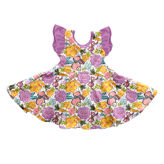 Preorder (moq 5) Baby Girl Clothes Easter Bunny Floral Carrot Print Flutter Sleeve Twirl Dress