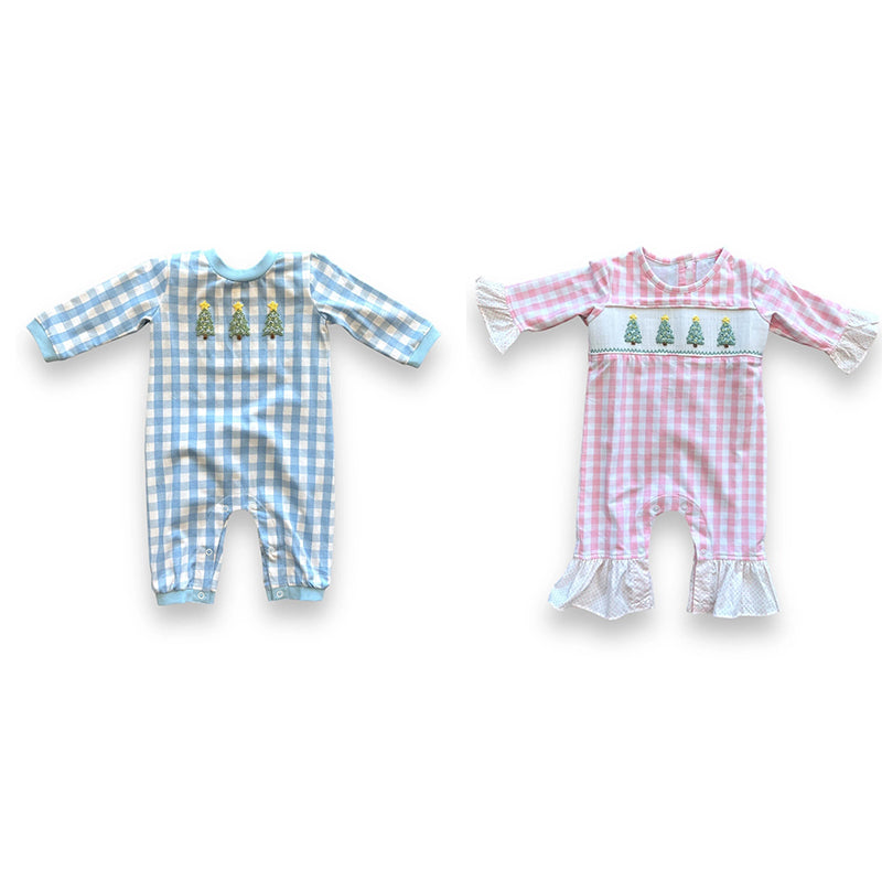 Christmas tree plaid sibling LR1367 kids girl romper 202407 preorder