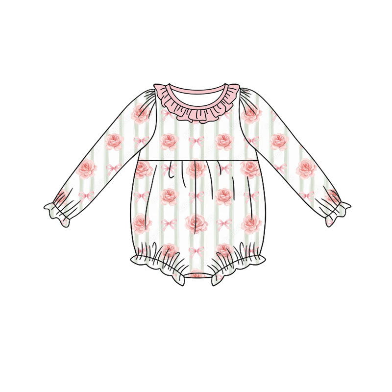 Preorder (moq 5) Baby Girl Clothes Rose Bow Stripe Print Ruffle Neck Long Sleeve Bubble Romper