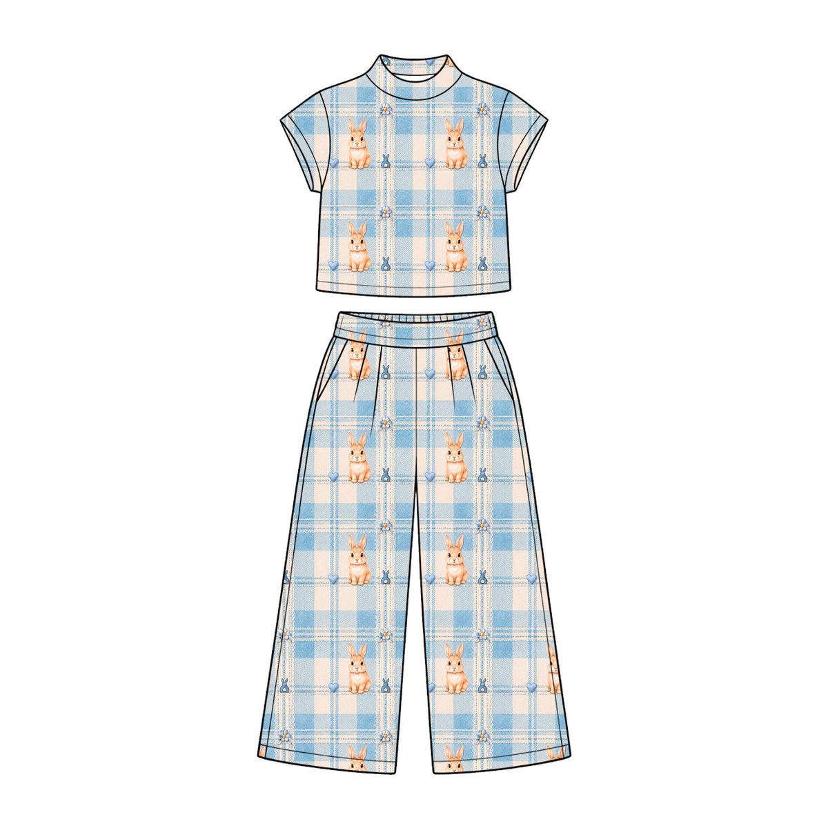 Preorder (moq 5) Baby Girl Clothes Easter Blue Plaid Bunny Heart Daisy Cute Print Short Sleeve Wide Leg Pant Set