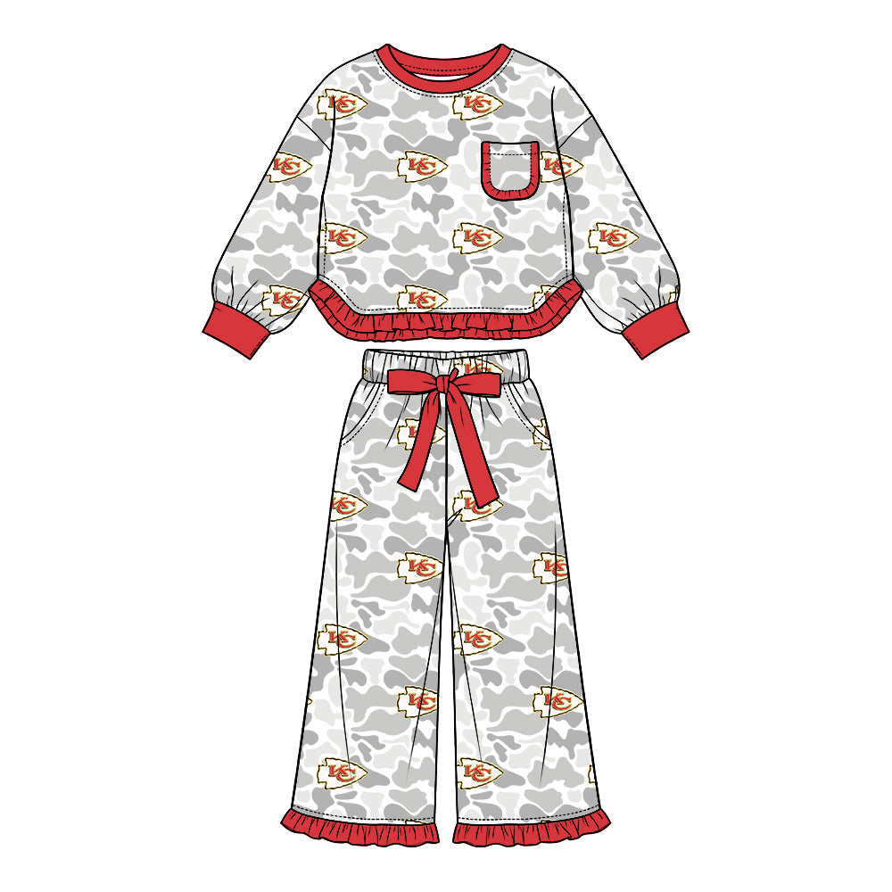 Preorder (moq 5) Chiefs Baby Clothes Grey Camo Logo Mixed Print Long Sleeve Ruffle Top Wide Leg Pants Outfit Set