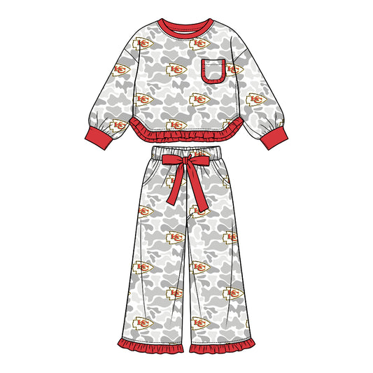 Preorder (moq 5) Chiefs Baby Clothes Grey Camo Logo Mixed Print Long Sleeve Ruffle Top Wide Leg Pants Outfit Set