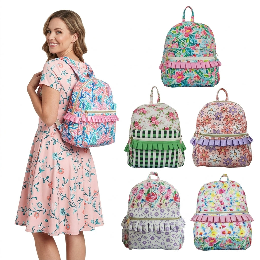 NO MOQ RTS BA0218 Kids Backpack Rose Floral Green Plaid Print Green Ruffle Children School Bag 202610