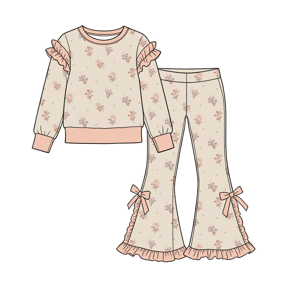 Preorder (moq 5) Baby Girl Clothes Cream Wildflower Print Long Sleeve Ruffle Top Bow Flare Pant Set
