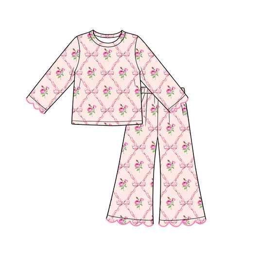 Preorder (moq 5) Baby Girl Clothes Valentine Bow Lattice Rose Floral Print Long Sleeve Scallop Flare Pant Set