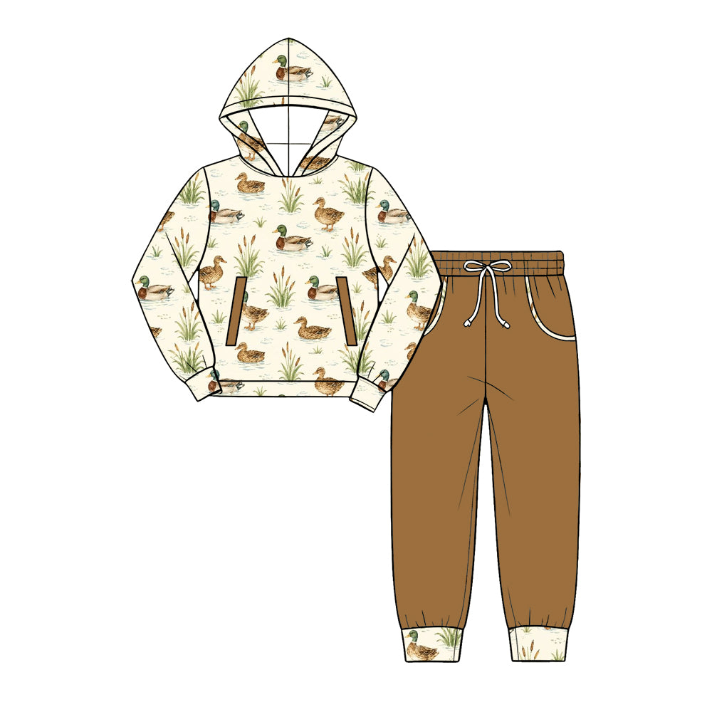 Preorder (moq 5) Baby Boy Clothes Water Mallard Duck Pond Print Long Sleeve Hooded Top Jogger Pant Set