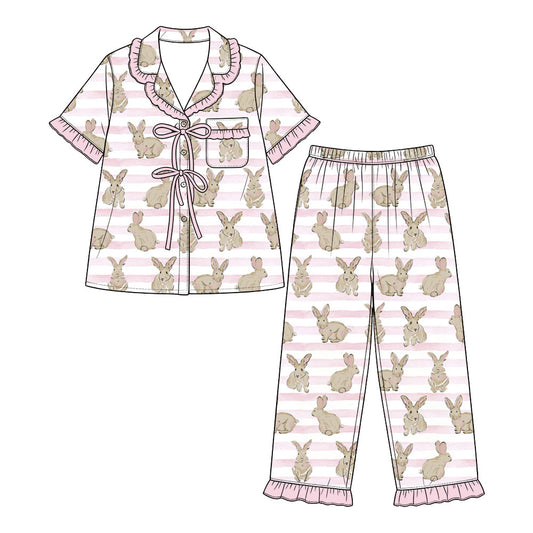 Preorder (moq 5) Baby Girl Clothes Easter Bunny Stripe Watercolor Print Short Sleeve Ruffle Pajama Set