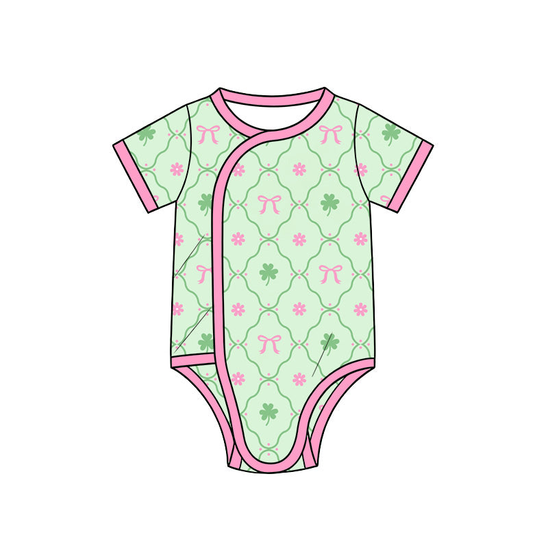 Preorder (moq 5) Baby Girl Clothes St Patricks Clover Bow Floral Lattice Print Short Sleeve Side Snap Bodysuit