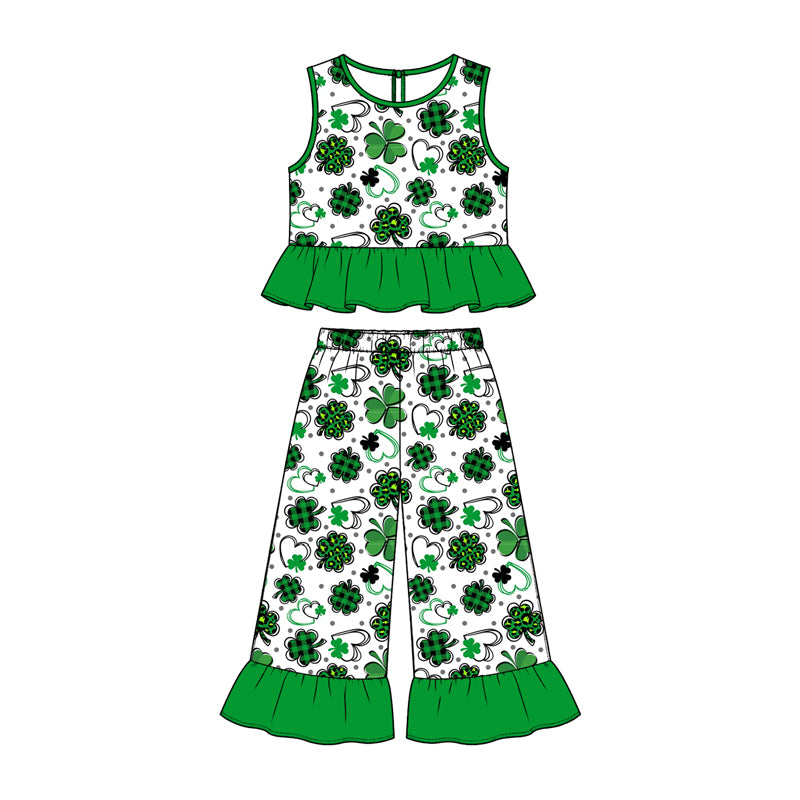 Preorder (moq 5) Baby Girl Clothes St Patrick Plaid Shamrock Heart Mixed Print Sleeveless Ruffle Flare Pant Set