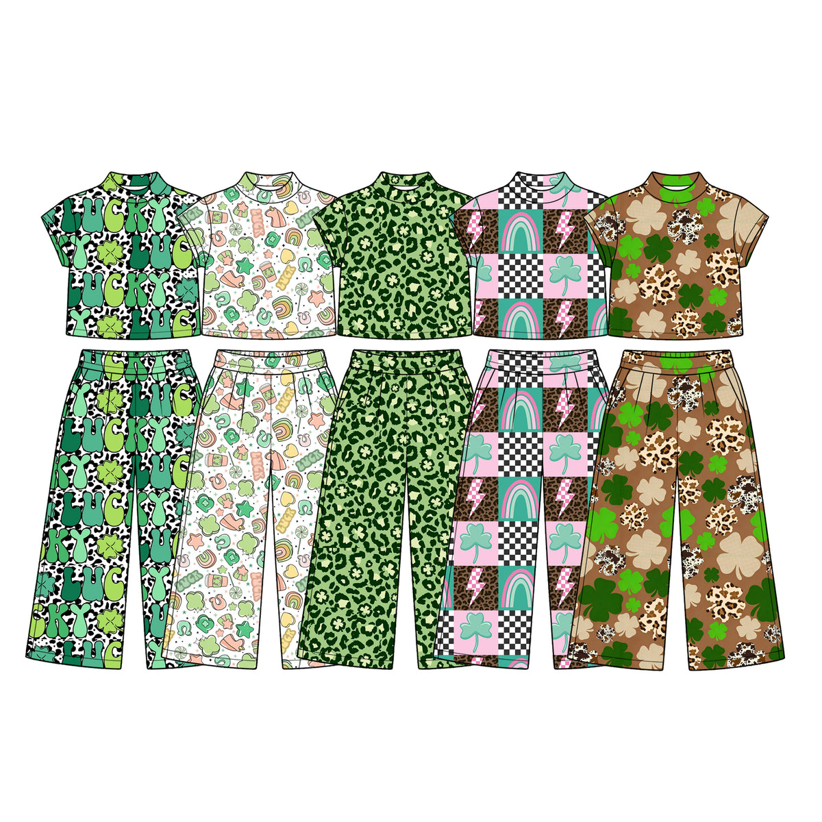 Preorder (moq 5) GSPO2412 Baby Girl Clothes Green Clover Mixed Print Short Sleeve Crop Top Wide Leg Pant Set
