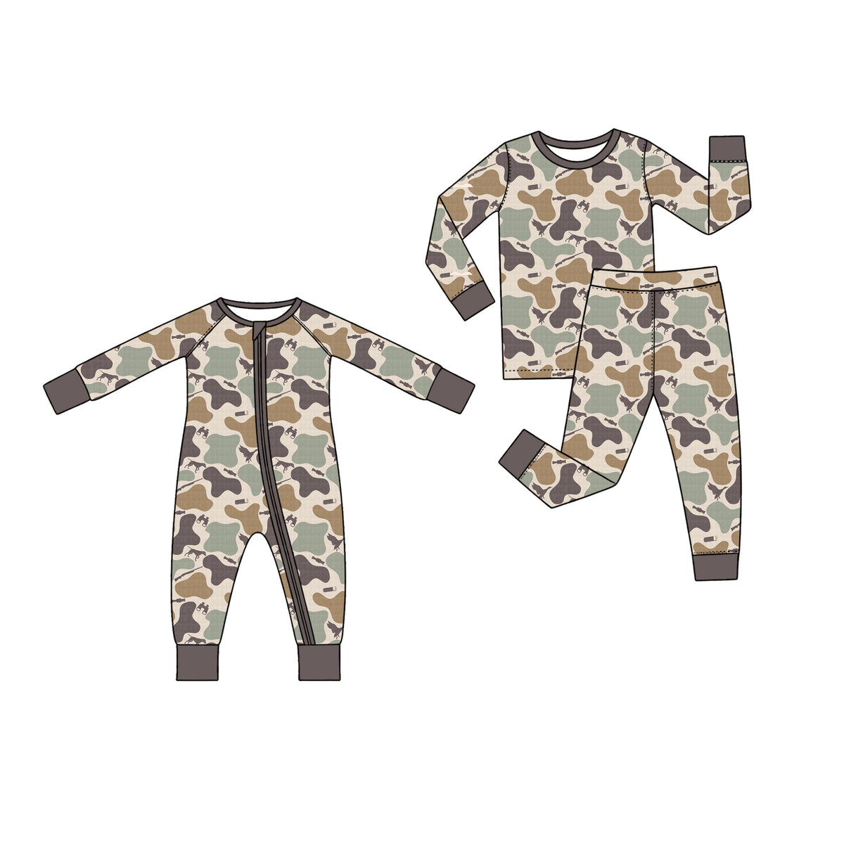 Preorder (moq 5) BLP1651 Baby Boy Clothes Vintage Camo Wildlife Duck Print Long Sleeve Pajama Set