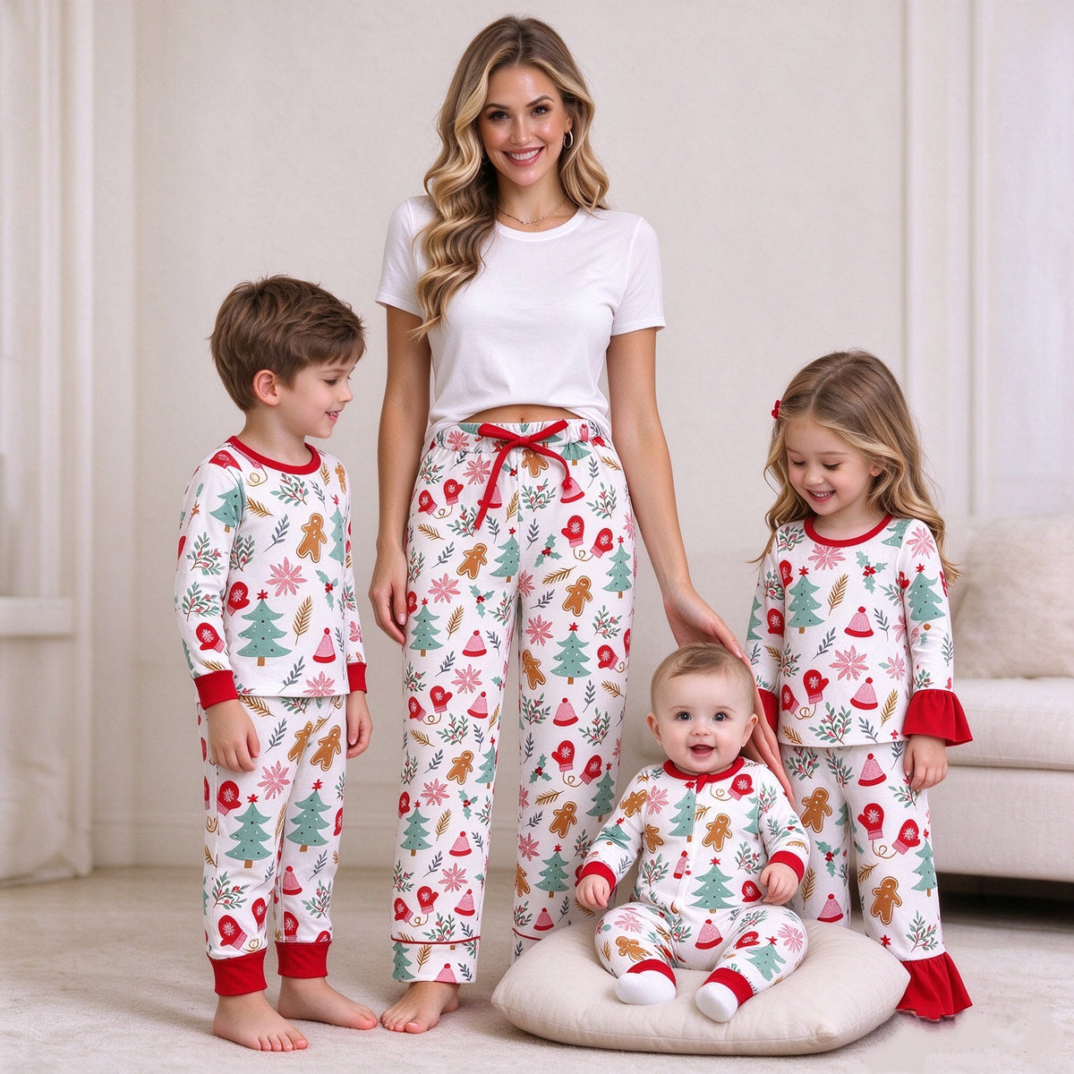 NO MOQ RTS P0236 (2) Women Clothes Christmas Gingerbread Tree Mixed Print Long Lounge Pants 202610