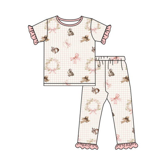 Preorder (moq 5) Baby Girl Clothes Easter Bunny Duck Bow Gingham Print Short Sleeve Ruffle Tee Ruffle Pant Set