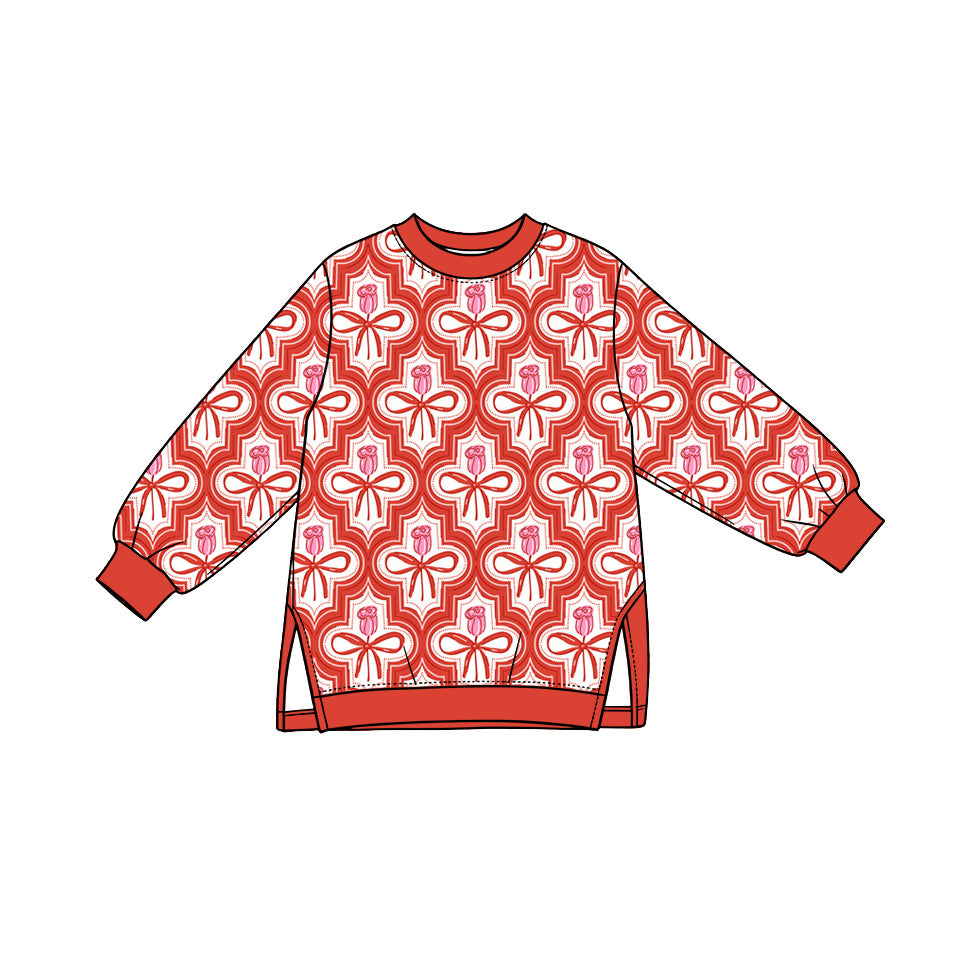 Preorder (moq 5) Baby Girl Clothes Tulip Bow Geometric Allover Print Long Sleeve Side Slit Tunic Top