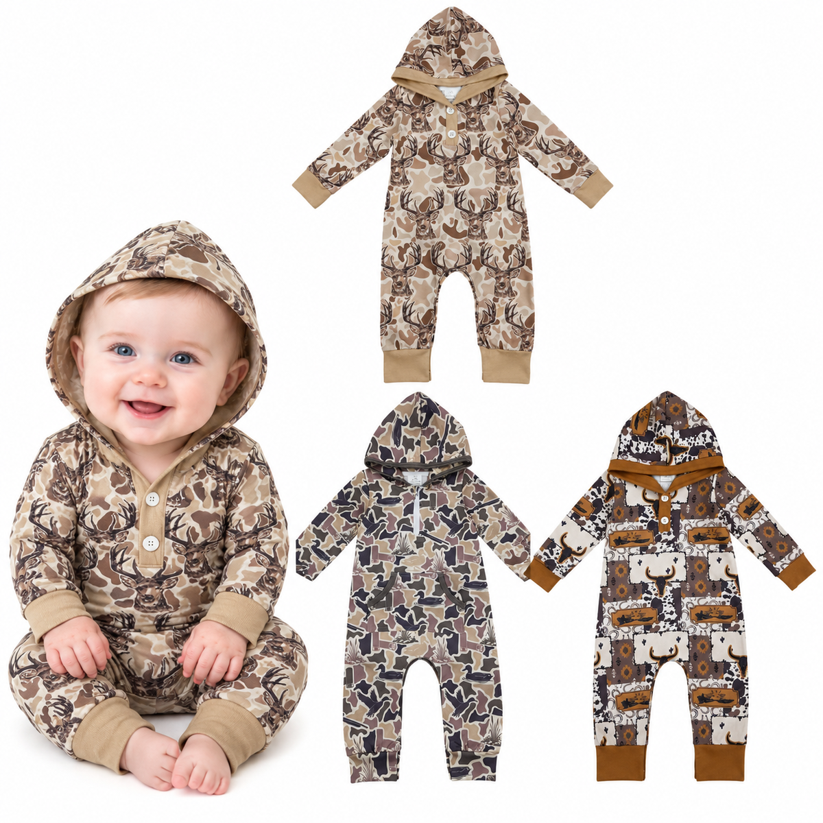 NO MOQ RTS LR2593 Baby Boy Clothes Buck Deer Camo Print Long Sleeve Hooded Romper 202610