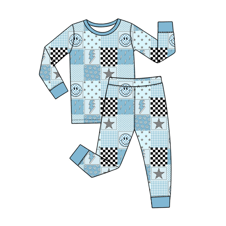 Preorder (moq 5) Baby Girl Clothes Checkered Smile Star Patchwork Print Long Sleeve Top Pant Pajama Set
