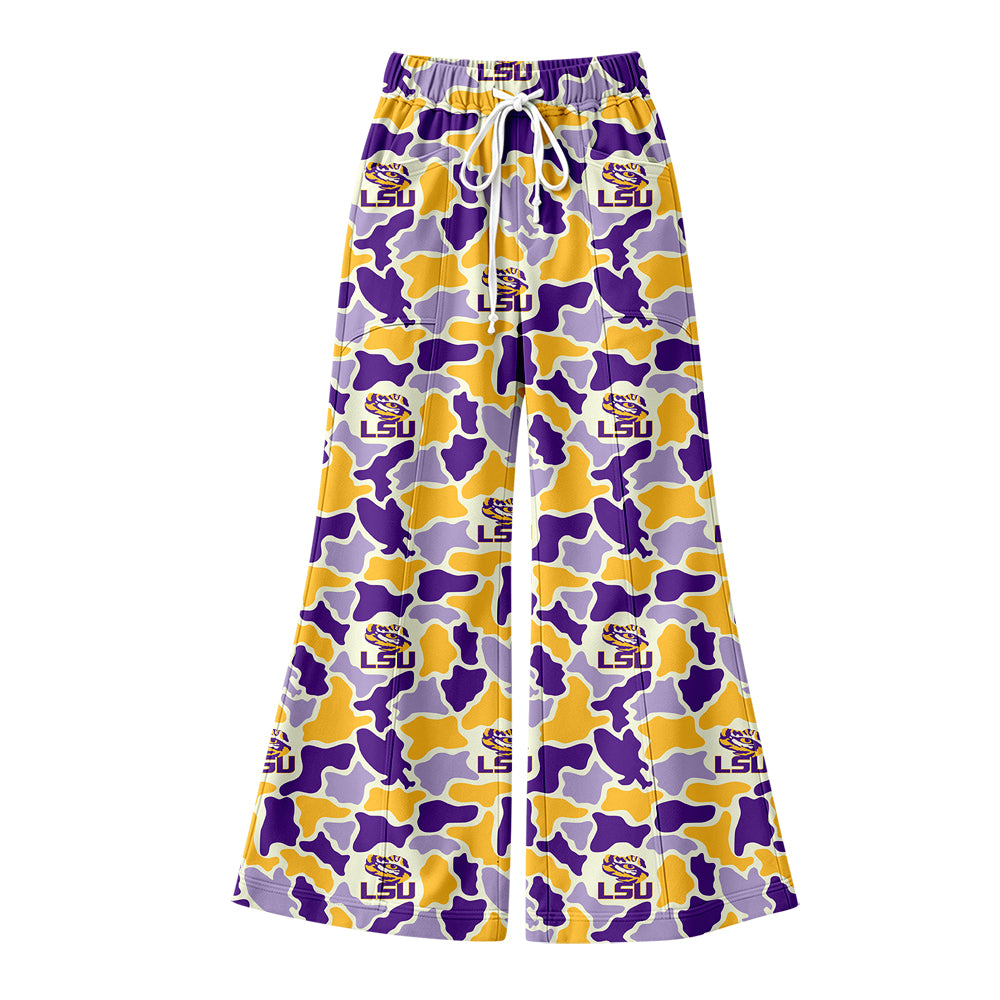 Preorder (moq 5) Baby Girl Clothes LSU Camo Allover Print Flare Wide Leg Pants