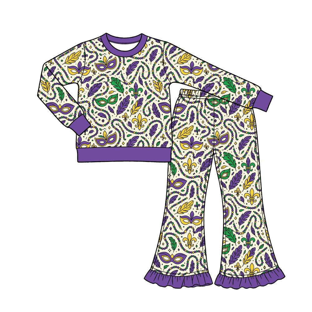 Preorder (moq 5) Baby Girl Clothes Mardi Gras Mask Feather Fleur De Lis Mixed Print Long Sleeve Flare Pant Set