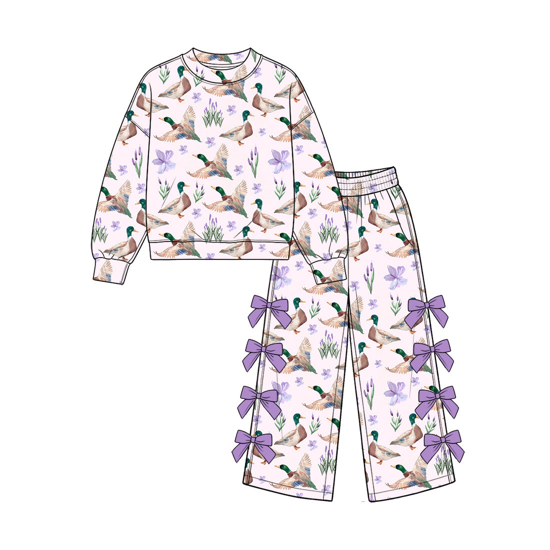 Preorder (moq 5) Baby Girl Clothes Purple Iris Mallard Duck Print Long Sleeve Top Bow Flare Pant Set