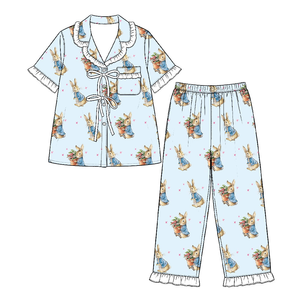 Preorder (moq 5) Baby Girl Clothes Easter Peter Rabbit Floral Mixed Print Short Sleeve Ruffle Pajama Set