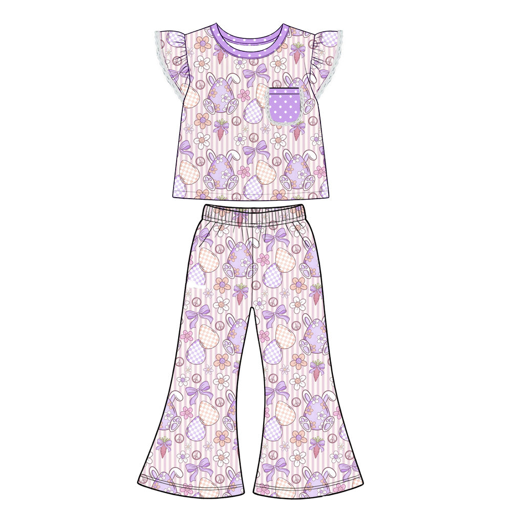 Preorder (moq 5) Baby Girl Clothes Easter Bunny Bow Checkered Egg Mixed Print Short Sleeve Flutter Top Flare Pant Set