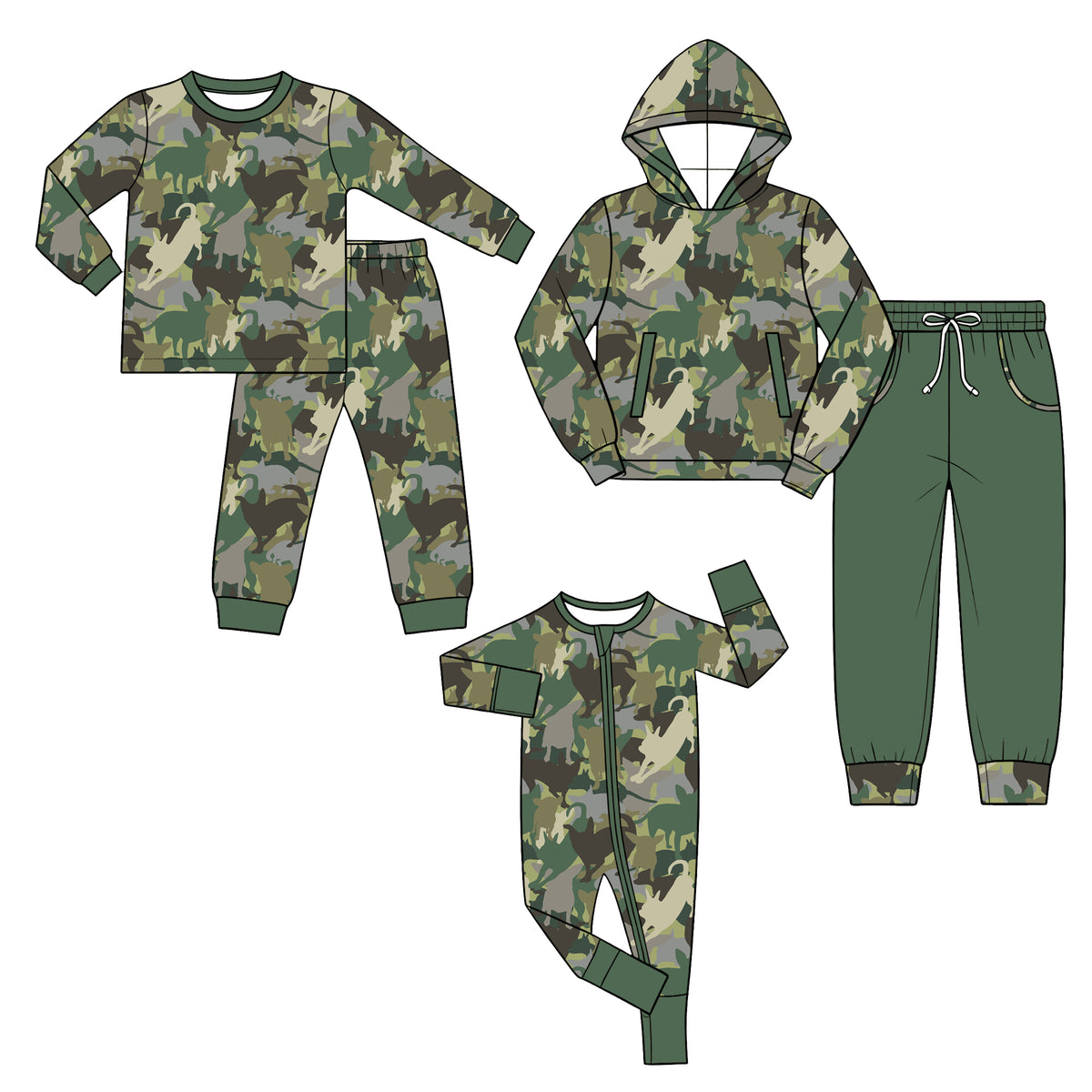 Preorder (moq 5) Baby Boy Clothes Camo Bull Print Long Sleeve Hoodie Green Jogger Pants Outfit Set