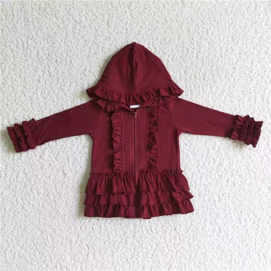 GT0014  Maroon Ruffle print zipper design hoodie loose kids coat 20230819 RTS