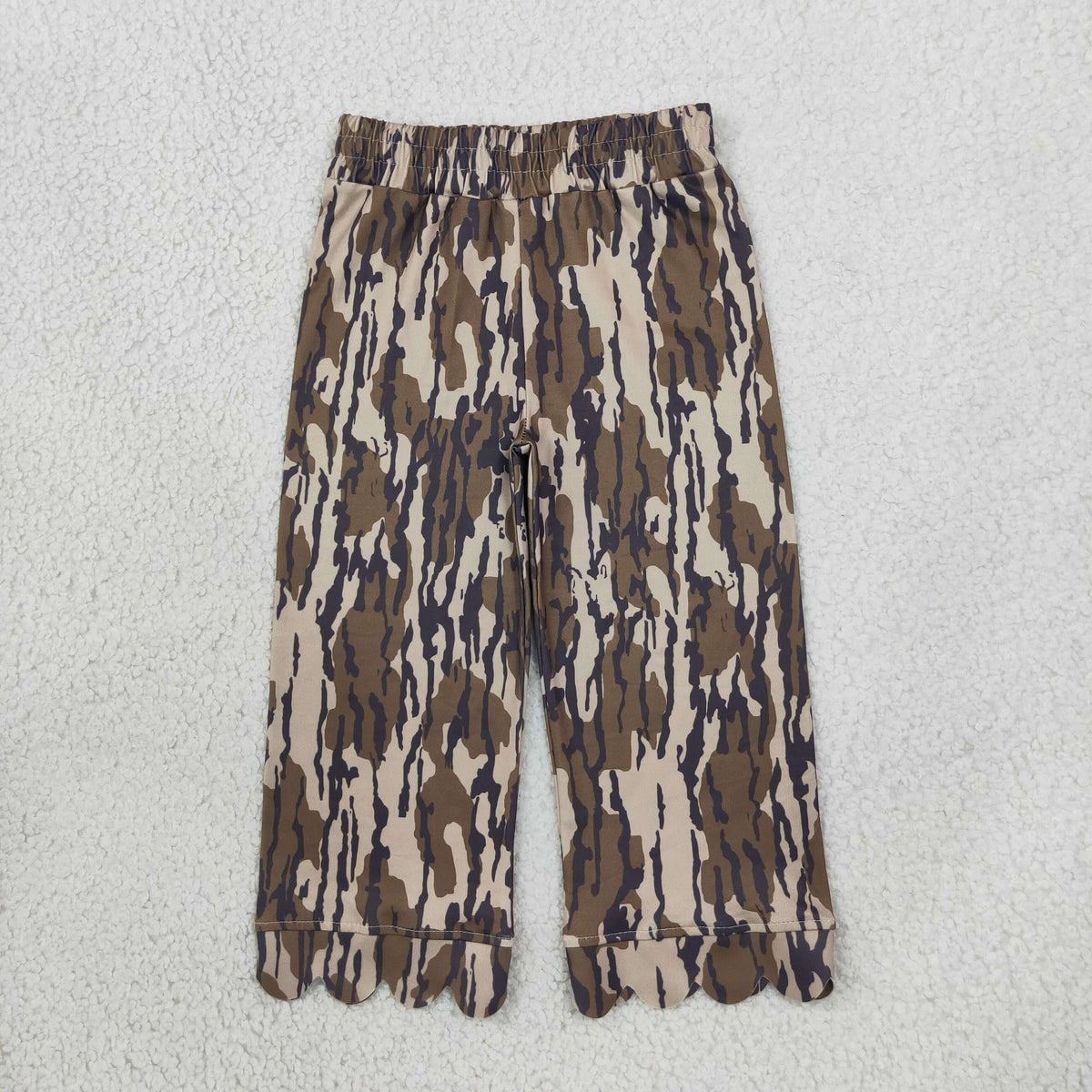 NO MOQ RTS P1143-scallop Baby Girl Clothes Tree Bark Camo Print Long Scalloped Hem Pants 202610