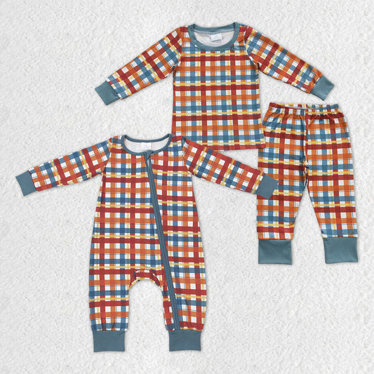 BLP0308 western checkerboard orange plaid long sleeve boy pajamas outfit RTS 20230920