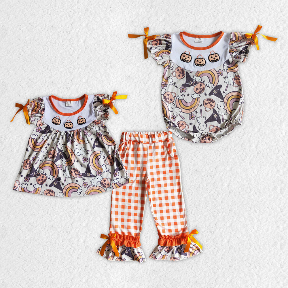 embroidery halloween pumpkin short bow sleeve plaid pants baby girl outfit 20230621 RTS