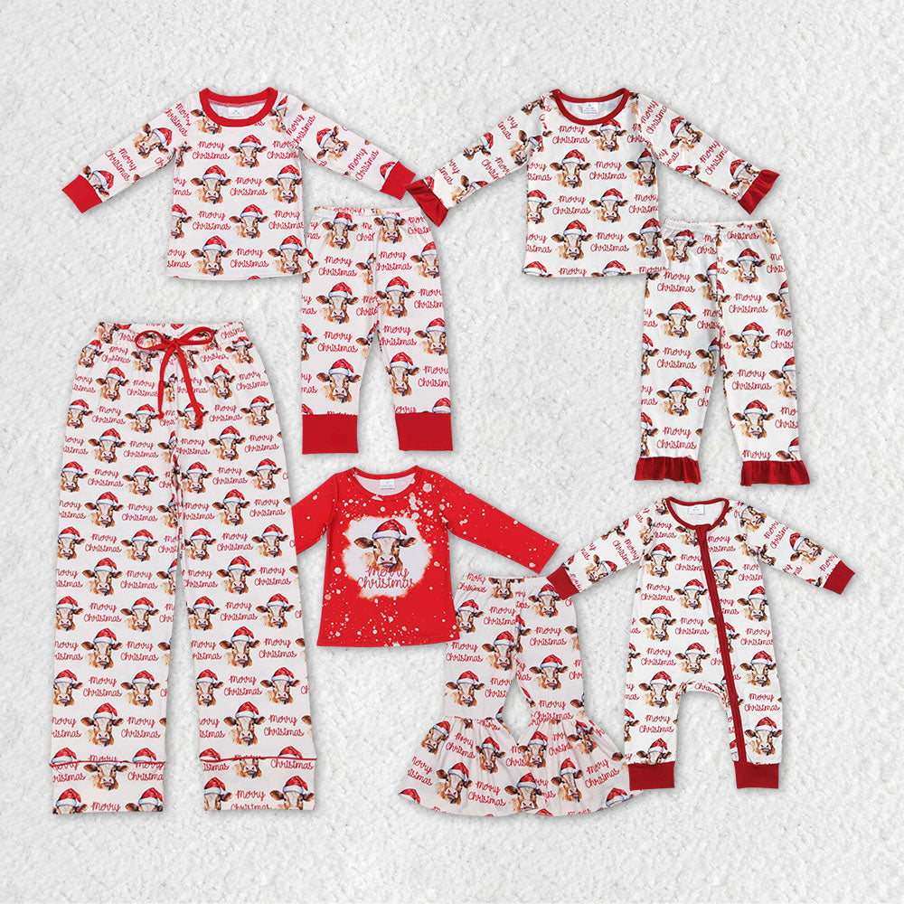 NO MOQ RTS BLP0388 Baby Boy Clothes Christmas Cow With Santa Hat Allover Print Long Sleeve Cuff Pant Pajama Clothes Set 202610