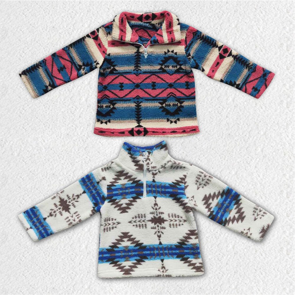 BT0353 Zipper plush style stand-up collar blue geometric soft comfortable winter coat 20230901