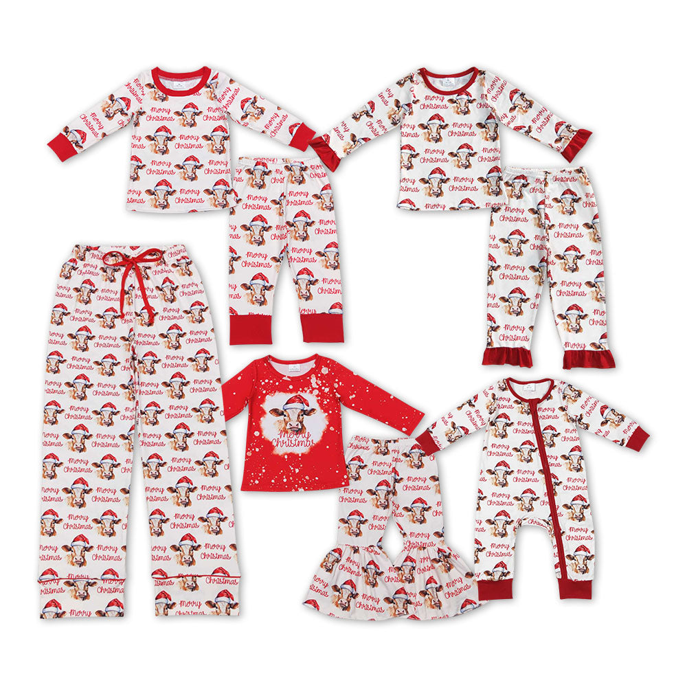 NO MOQ RTS GLP0868 Baby Girl Clothes Christmas Cow With Santa Hat Mixed Print Long Sleeve Flare Bell Pant Pajama Clothes Set 202610