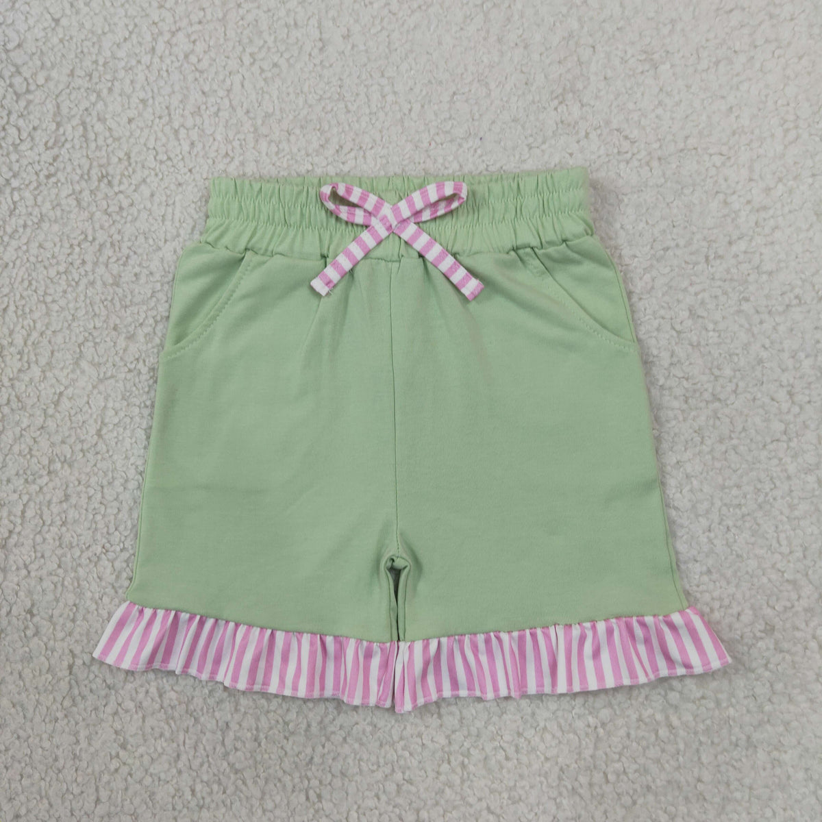 NO MOQ RTS SS1000 Baby Girl Clothes Solid Green Pink Stripe Ruffle Tie Waist Shorts 202610