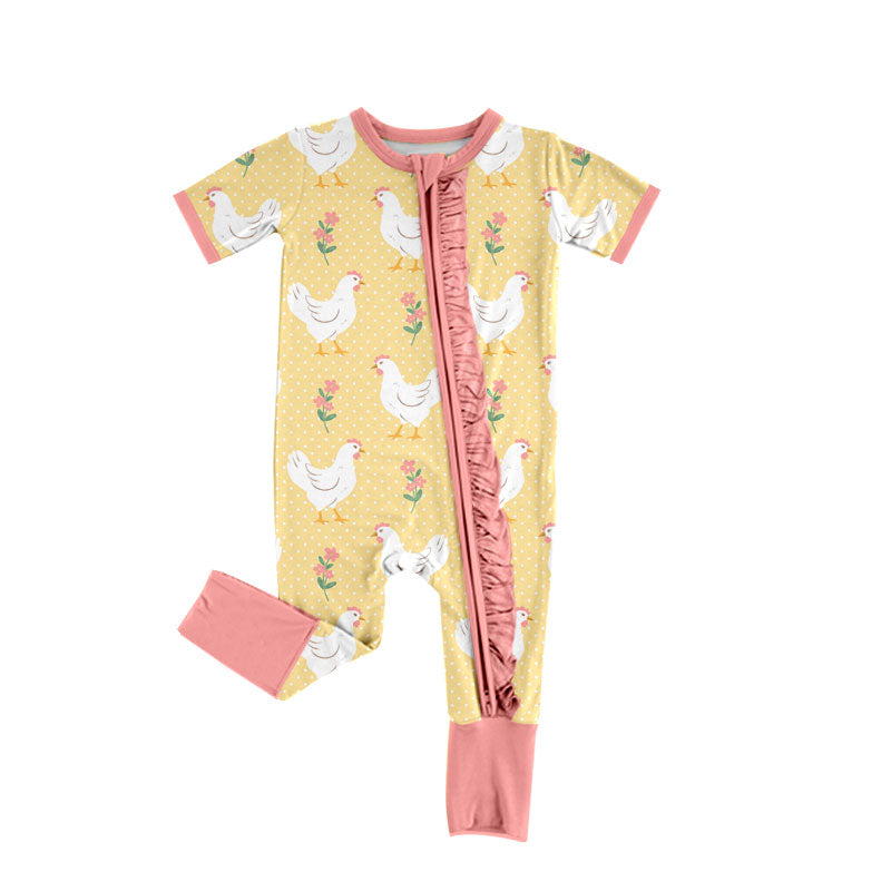 Preorder (moq 5) Baby Girl Clothes Farm Chicken Floral Dot Print Short Sleeve Ruffle Zipper Romper