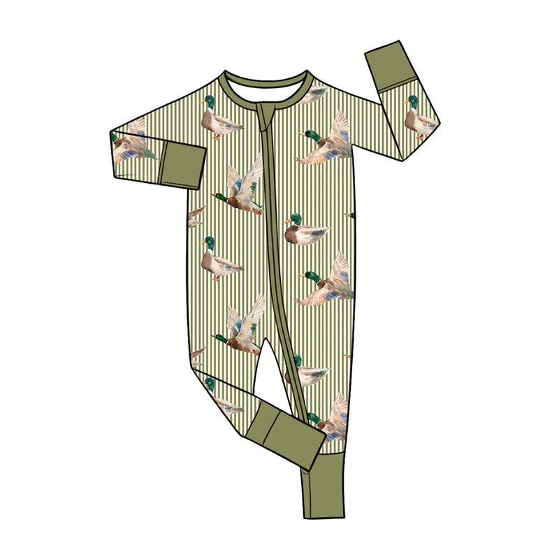 Preorder (moq 5) Baby Girl Clothes Mallard Duck Stripe Print Long Sleeve Zipper Romper Jumpsuit