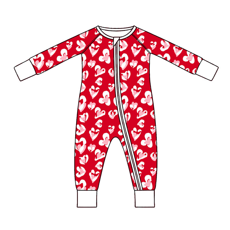 Preorder (moq 5) Baby Girl Clothes Red Watercolor Heart Print Long Sleeve Zipper Jumpsuit