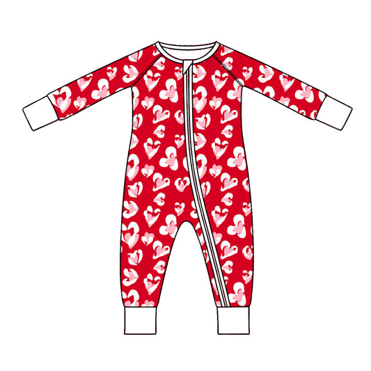 Preorder (moq 5) Baby Girl Clothes Red Watercolor Heart Print Long Sleeve Zipper Jumpsuit